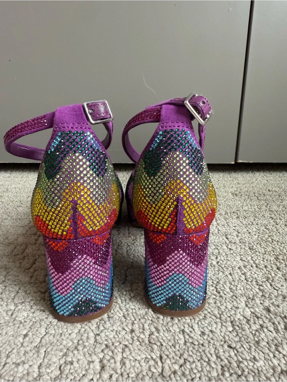 GB Girls Purple Rainbow Rhinestone Platform Block Heel Ankle Strap Shoes 1m